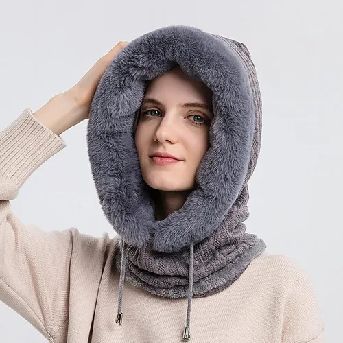 Miniatura 6 de Gorro de forro polar holgado de una pieza para mujer, bufanda con capucha, pasamontañas, cálido invierno, resistente al viento, con cordón