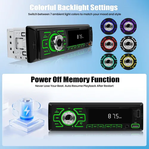 Miniatura 7 de SIXWIN - Radio para coche de un solo DIN, estéreo Bluetooth, receptor de audio multimedia para coche con control de voz, entrada AUX/USB/TF, control