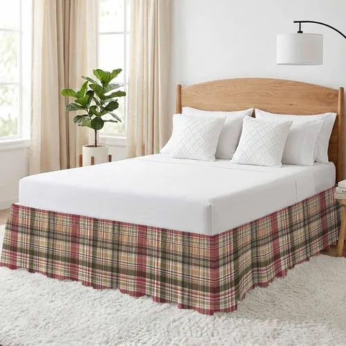 Miniatura 2 de Falda de cama vintage a cuadros, tamaño King de 18 pulgadas de caída, ajustable y elástica, plisada, con volantes de polvo de lujo para cama