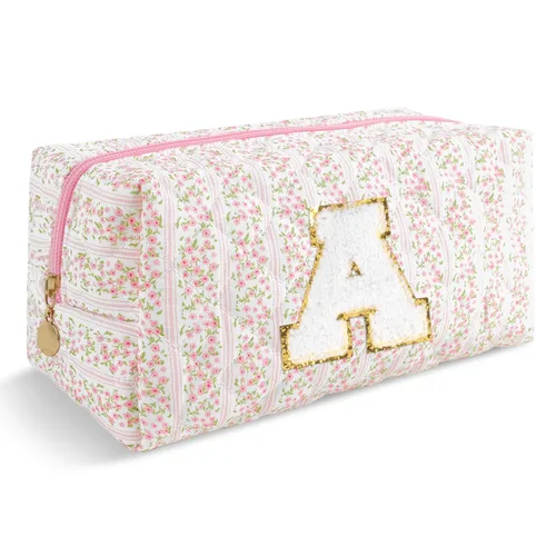 Miniatura 108 de Pequeña bolsa de maquillaje personalizada con inicial A-Z Preppy Patch, bolsa de cosméticos de viaje de felpilla blanca con cremallera, bonita bolsa