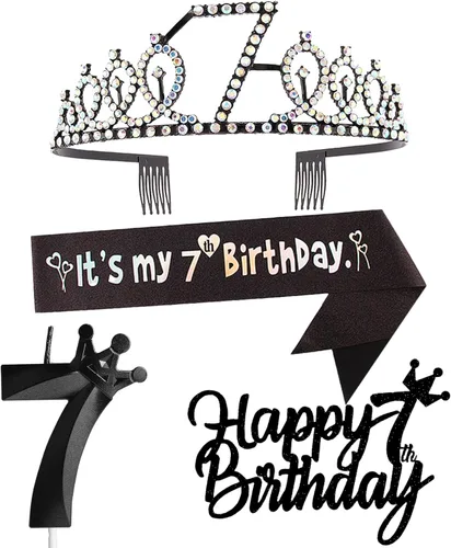 Miniatura 54 de Decoraciones de cumpleaños número 7 para niña, que incluyen corona/tiara de cumpleaños número 7, banda, adorno para pastel de cumpleaños y velas