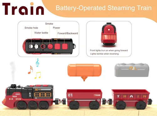 Miniatura 2 de Tren eléctrico de juguete para pistas de madera, juguetes de tren motorizado de Navidad para niños pequeños, tren a pilas incluye luces, sonidos