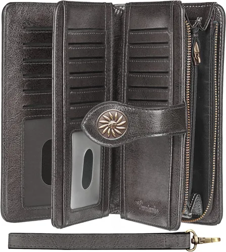 Miniatura 7 de Travelambo Billetera para mujer de gran capacidad con bloqueo RFID de cuero genuino