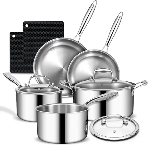 AIVIKI - Juego de utensilios de cocina de acero inoxidable de 3 capas, juego de ollas y sartenes de 10 piezas, juego de utensilios de cocina de