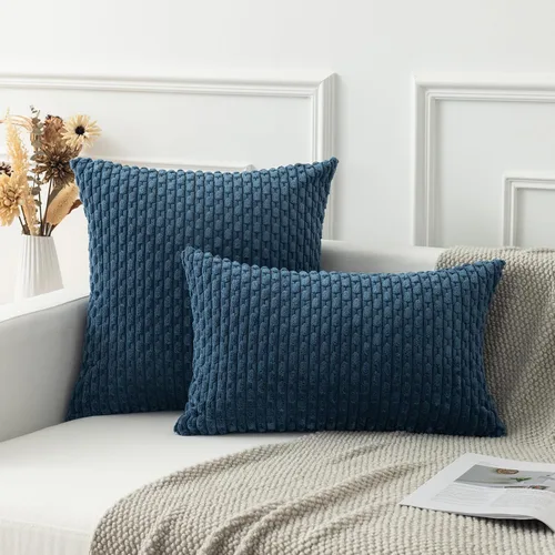 Miniatura 4 de K Kevin Textile - Juego de 2 fundas de almohada decorativas de corduroy suave azul con rayas estilo bohemio, fundas de almohada para sofá, cama