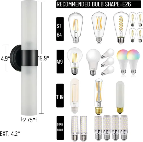 Miniatura 3 de DAYCENT Modernas luces negras para tocador de baño, aplique de pared de vidrio esmerilado de 2 luces, apliques cilíndricos negros mate, iluminación