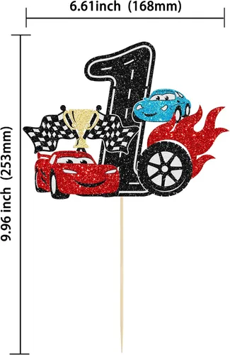 Miniatura 2 de Ephlyn 1 pieza de decoración para tarta de primer cumpleaños de coche de carreras con purpurina, decoración de tarta 1er cumpleaños para bandera a