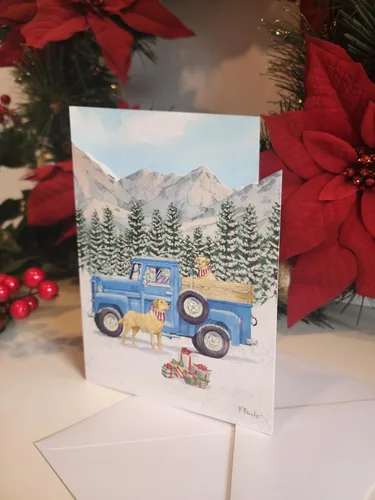 Miniatura 4 de LPG Greetings - Camioneta de camioneta azul: Golden Lab: Montañas cubiertas de nieve, caja de 12 tarjetas de Navidad troqueladas