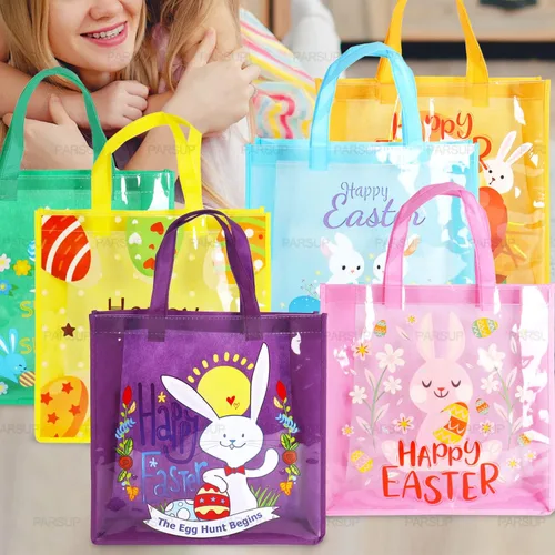 Miniatura 6 de 12 bolsas de caza de huevos de Pascua, conejito de Pascua, zanahoria, huevos de pollito con asas, bolsas de regalo de Pascua, suministros