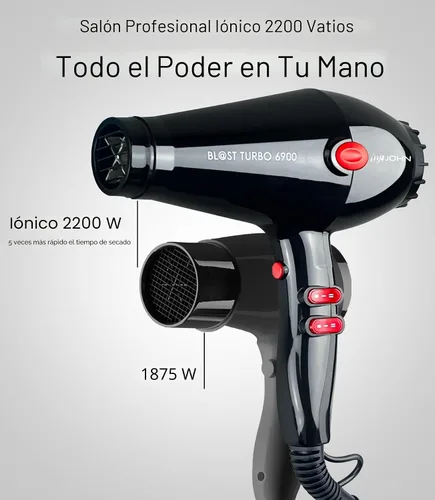 Miniatura 2 de JOHN Secador de pelo, secador profesional de salón con 2200 vatios, potente cerámica iónica, secado rápido, explosión Turbo 6900, negro