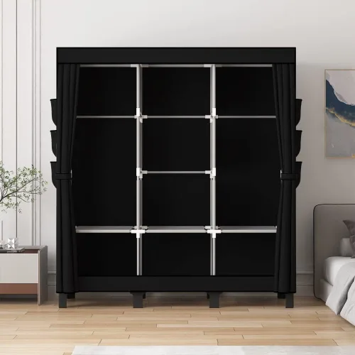 Miniatura 5 de Armario portátil, caja de almacenamiento de ropa, armario simple para colgar ropa, múltiples estantes y 3 barras, 6 bolsillos laterales (negro)