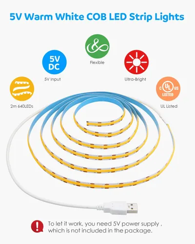 Miniatura 3 de Aclorol COB - Tira de luces LED para TV de 5 V, alimentada por USB, luz blanca cálida, 6.56 pies, 320 LED/M COB, tira de luz flexible para TV