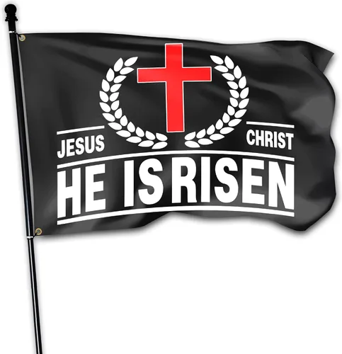 Bandera de Jesucristo He Is Risen de 3 x 5 para exteriores, doble cara, impresión de espejo de Cristo, cristiano, Jesús, banderas de cruz para casa,