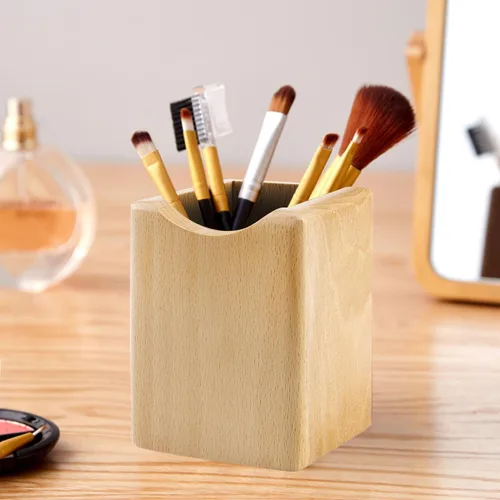 Miniatura 7 de Caja de bolígrafos de madera natural, organizador de papelería de escritorio, soporte creativo y simple de madera maciza para suministros de oficina