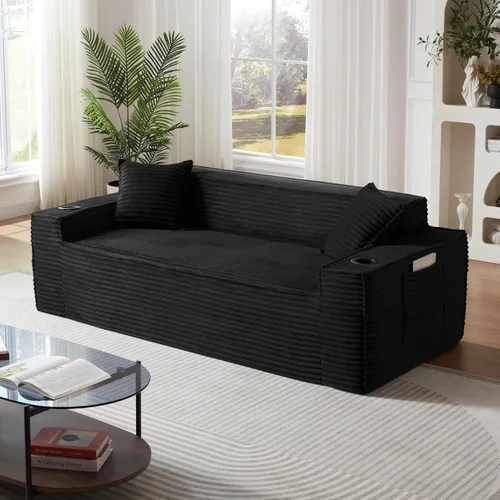Miniatura 24 de Sofá sin hueso de 66.5 pulgadas con portavasos y bolsillos laterales, sofá biplaza tapizado de tela de pana moderna con 2 almohadas para sala