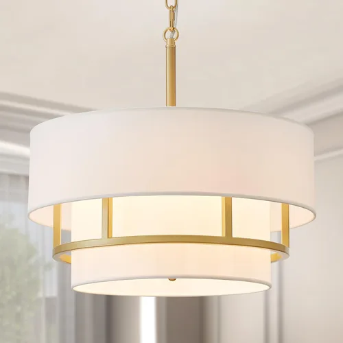 Candelabro de Tambor de Tela Moderno, Lámpara Colgante para Sala de Estar, Dormitorio, Comedor, D18 x 16-54 pulgadas (Altura Ajustable), Marco de