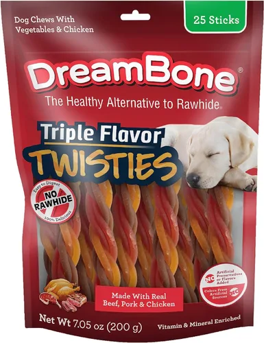 Dreambone Triple Flavor Twisties, 25 unidades, masticables para perros sin cuero crudo hechos con carne de res real, cerdo y pollo, 7.05 onzas