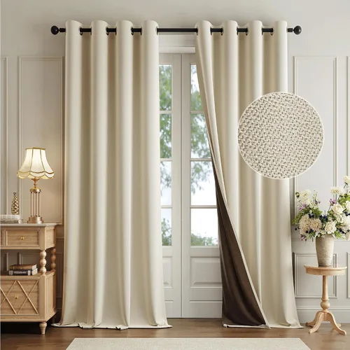Miniatura 2 de Cortinas de lino 100% opacas de 96 pulgadas de largo, 2 paneles para dormitorio, sala de estar, lino beige, texturizado, para oscurecer