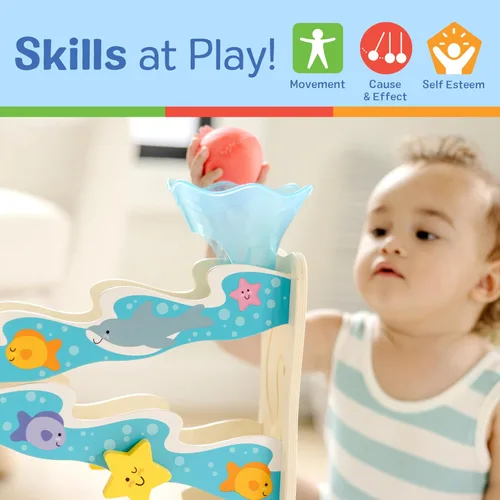 Miniatura 5 de Melissa & Doug Rollables Ocean Slide - Juguete de caída de pelotas de madera para bebé, 5 piezas de juguetes para bebés con temática oceánica