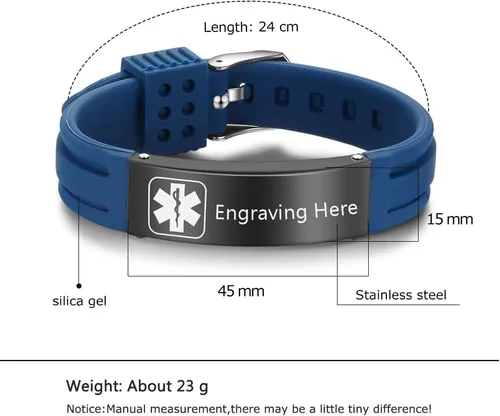 Miniatura 127 de OPALSTOCK Pulseras médicas personalizadas de silicona ajustable para identificación de emergencias, grabado gratuito, 9 pulgadas, resistente al