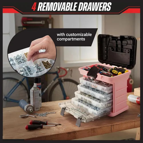 Miniatura 3 de Caja de herramientas Stalwart línea que cuenta con estantes, para piezas y artesanías, con 4 organizadores Rosa