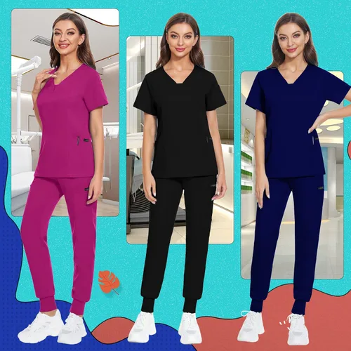 Miniatura 33 de VIAOLI Conjunto de ropa quirúrgica para mujer, camiseta con cuello en V y pantalones médicos tipo cargo para mujer, 10 bolsillos