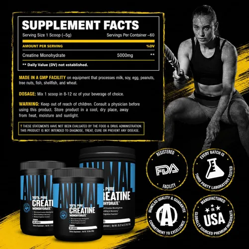 Miniatura 8 de Animal Monohidrato de creatina en polvo, creatina micronizada para mujeres y hombres, apoya el crecimiento muscular, la fuerza, la resistencia