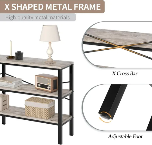 Miniatura 5 de Mesa consola industrial de 71 pulgadas detrás del sofá, mesa de sofá extra larga con estantes de almacenamiento de madera de 3 niveles, mesa de TV