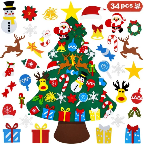 THAWAY Árbol de Navidad de fieltro para niños pequeños con 34 adornos desmontables, para colgar en la pared de la puerta de los niños, regalos de