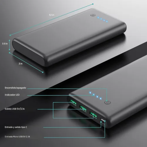 Miniatura 5 de Cargador portátil de 36800 mAh, cargador de batería externa PD de carga rápida USB C, 4 salidas, 2 entradas, esenciales de viaje, cargador