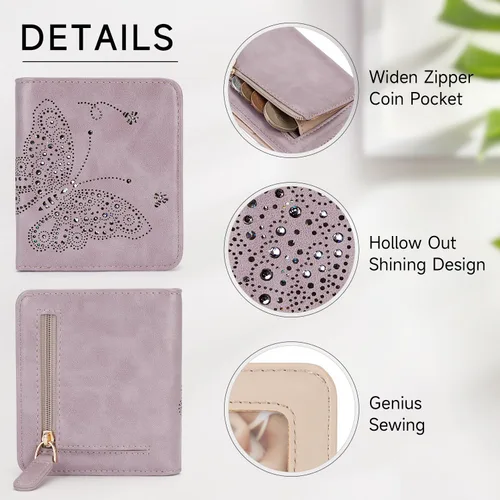 Miniatura 4 de KITEVIUN Pequeña cartera RFID para mujer, ultrafina, delgada, mini, compacta, plegable, con bolsillo, para mujer, púrpura (01-purple)