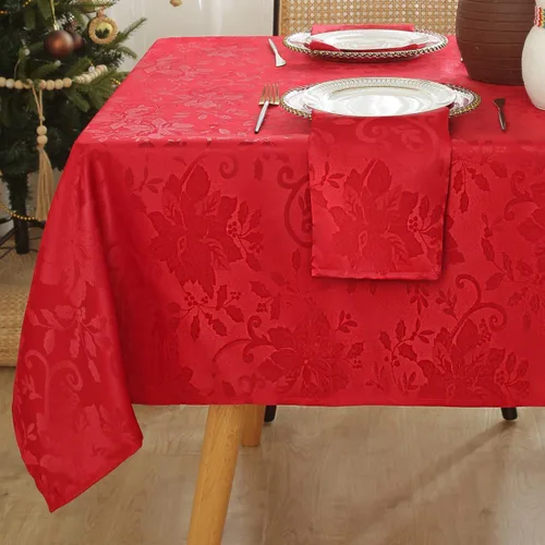 Miniatura 10 de SASTYBALE Mantel rectangular de Navidad, mantel jacquard verde de 60 x 102 pulgadas con patrón floral de flor de pascua, mantel de tela de damasco