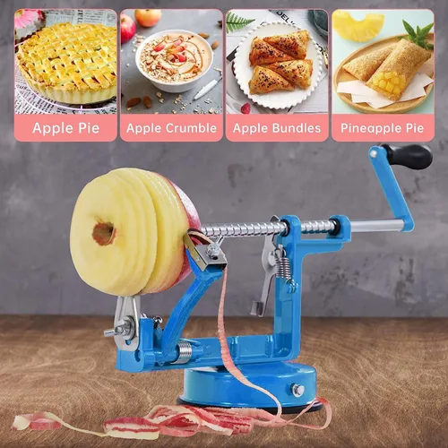 Miniatura 5 de Pelador de manzanas, cortador de patatas 3 en 1, acero inoxidable resistente con base de ventosa (azul)