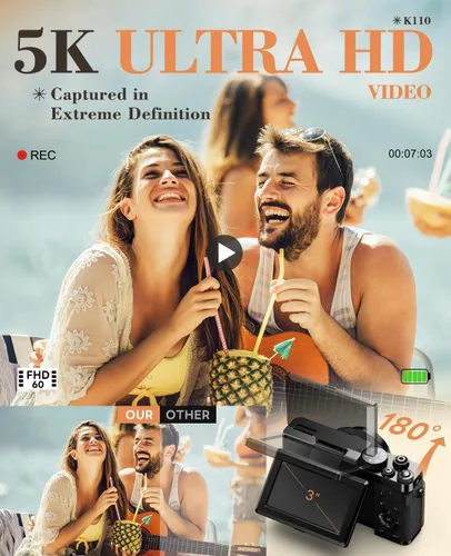 Miniatura 2 de Cámara digital de 5K 64MP para fotografía y vlogging de YouTube, cámara de video de enfoque automático UHD con zoom de 18X con pantalla abatible