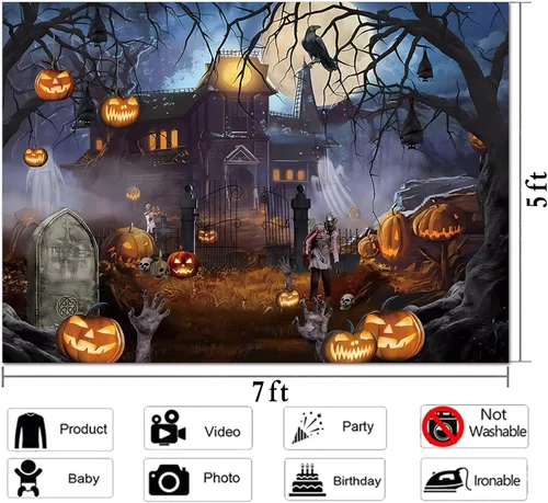 Miniatura 5 de Telón de fondo temático de Halloween para fotografía, castillo de fantasmas, luna, noche aterradora, calabaza, farol, cuervo, fondo para fotos