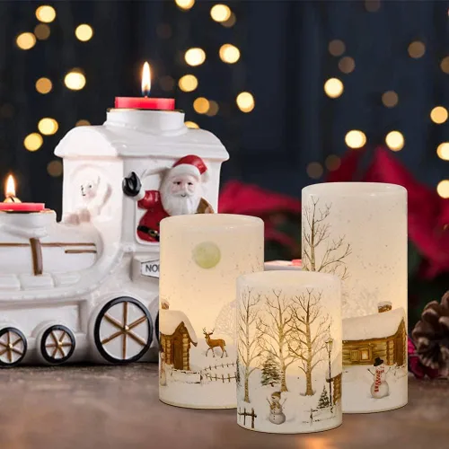 Miniatura 5 de Eldnacele Velas de Navidad sin llama con muñeco de nieve, parpadeantes, con temporizador de ciclo diario automático, velas LED de pilas blancas