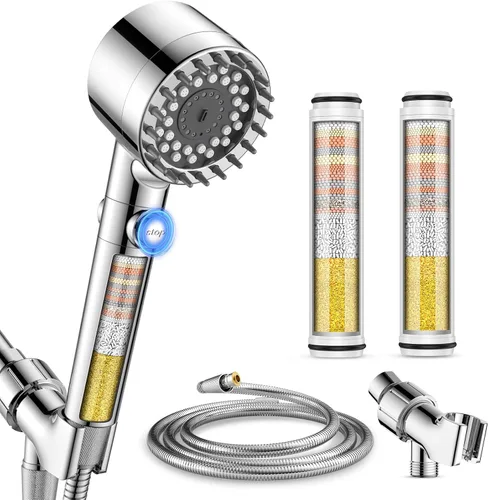Vatex Cabezal de ducha filtrado con portátil, cabezal de ducha de 4 pulverizadores de alta presión con interruptor de encendido/apagado, cabezales