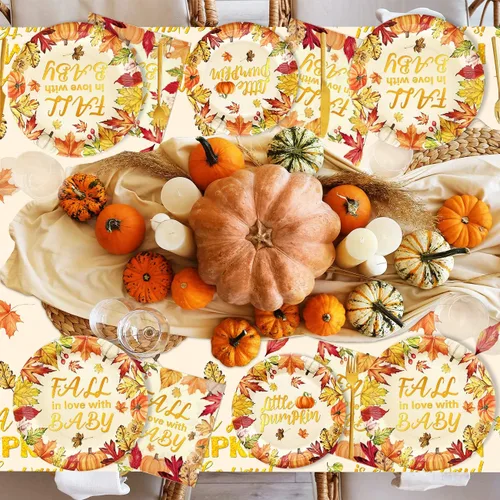 Miniatura 5 de El juego de decoraciones de baby shower de calabaza pequeña sirve 30, platos y servilletas de baby shower con temática de otoño, baby shower