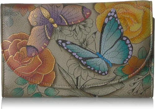 Anna by Anuschka Geniune - Cartera de mano de cuero pintada a mano grande de tres pliegues para chequera - Floral Paradise Tan, Floral Paradise Tan