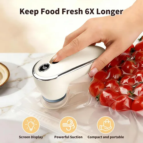 Miniatura 2 de Máquina selladora al vacío compacta para alimentos con 10 bolsas de vacío reutilizables, sella alimentos 5 veces más tiempo, portátil recargable