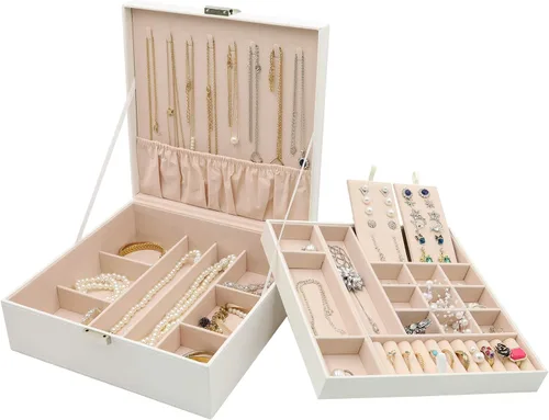 ProCase - Joyero grande de cuero con dos niveles para organizar aretes pulseras anillos relojes para mujeres niñas regalo ideal para novia o esposa