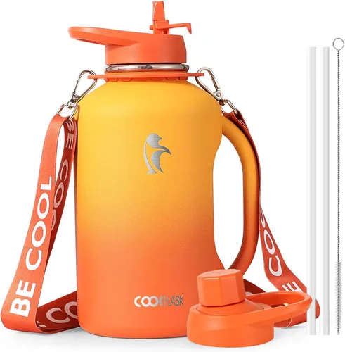 Miniatura 10 de Coolflask - Botella de agua aislada de 64 onzas, jarra de agua de medio galón con asa, popote de acero inoxidable, doble pared, de metal al vacío