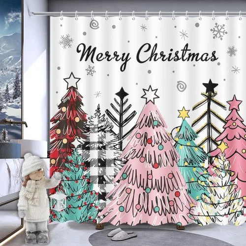 MEHOFOND Cortina de ducha de Navidad rosa con árbol de Navidad, cortina de baño de tela impermeable con 12 ganchos, 72 x 72 pulgadas