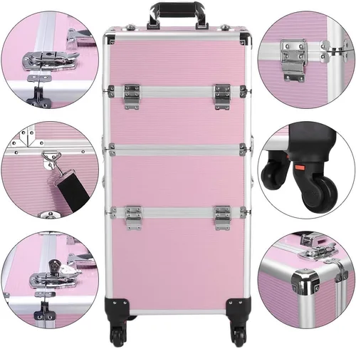 Miniatura 4 de Flandre Estuche de aluminio 3 en 1, organizador de cosméticos de belleza, caja de viaje de maquillaje, caja de tren con ruedas, bandejas plegables