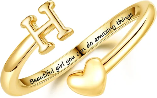 Miniatura 14 de Turandoss Regalos para el día de San Valentín para adolescentes, anillos de oro para niños, chapados en oro de 14 quilates con inicial para letra A