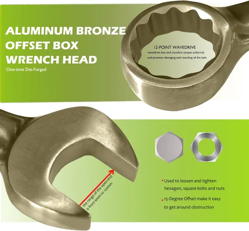 Miniatura 4 de WEDO Llave combinada sin chispas, llave combinada de seguridad sin chispas, bronce de aluminio, forja, DIN 3113, certificado BAM y FM, tamaño 1
