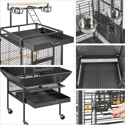 Miniatura 7 de Jaula para pájaros y accesorios de Yaheetech. Ideal para loros, cacatúas, periquitos., Negro