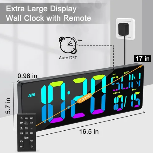 Miniatura 5 de XREXS Reloj de pared digital grande con control remoto, pantalla LED grande de 17 pulgadas, temporizador de conteo ascendente y descendente, reloj