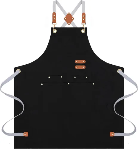 AFUN Delantales de chef para mujeres y hombres con 4 bolsillos, delantal de trabajo repelente al agua para cocinar en la cocina (negro)