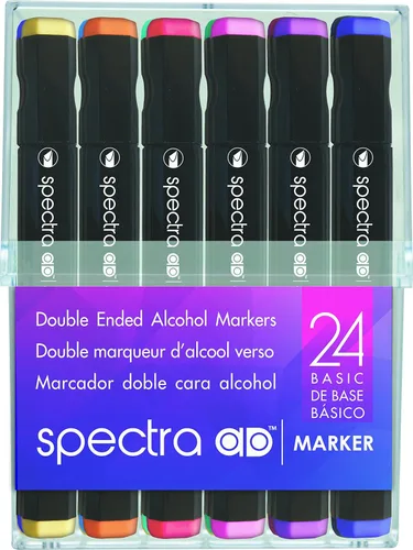 AD Marker Chartpak Spectra, Tri-Nib y cepillo de doble punta, 24 colores básicos surtidos en cubo de plástico duro, 1 cada uno (SBASIC24AD)